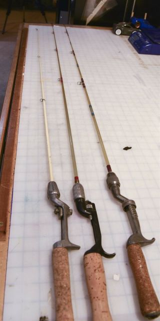 3 Vintage Bait Casting Fishing Poles - Fiber Glass Shaft & Cork Handles,  Action - Ro