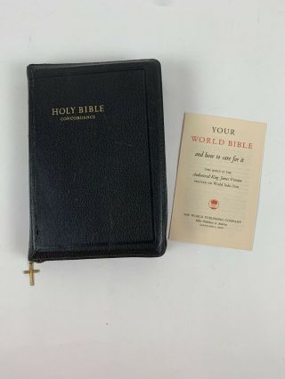 Vintage KJV Holy Bible Black Leather Cross Zipper World Publishing Illustrated 2