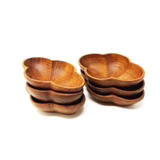 Vintage Wood Carved Turned Snack Salad Bowls Set Of 6 Wooden Oiled Scallop Edge
