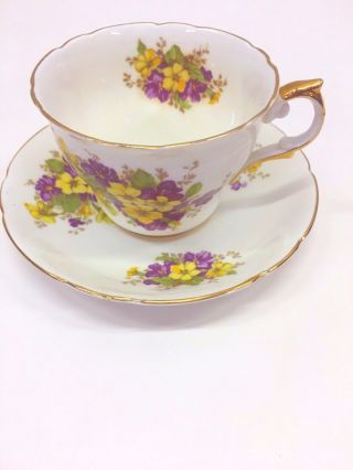 Vintage Bone China Regency Tea Cup & Saucer Floral Pansy Purple Yellow England