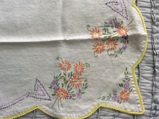 Antique Vintage Hand Embroidered Linen Tablecloth 32” Square Floral Yellow Trim