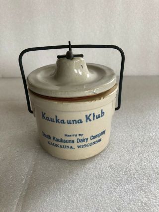 Kaukauna Klub Wisconsin Cheese Stoneware Crock Jar W/ Wire Bale Clasp Lid