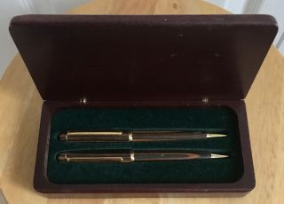 Vtg Wood Pen & Pencil Set Gold Tone Accent Handmade? Wood Box Rarely