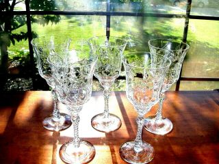Set 5 Antique Vtg Libbey? Rock Sharpe Crystal Wine Glass Cut Fuchsia Floral 8 "
