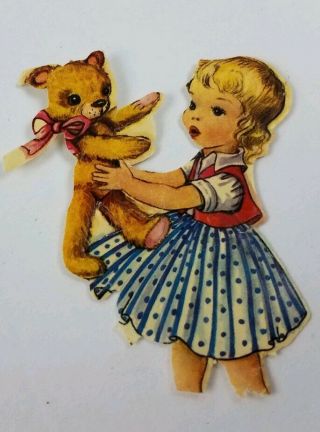 Antique German Victorian Embossed Girl Holding Teddy Bear Paper Die Cut