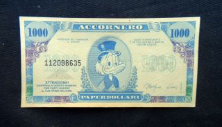 1989 Italy Rare Disney Banknote Uncle Scrooge 1000 Paperdollari Unc Accornero