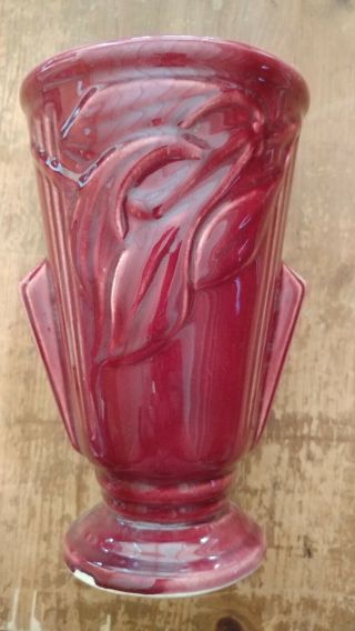 Rare Vintage Mccoy Maroon Cranberry Floral Deco Vase W/ Glaze Defects No Damage