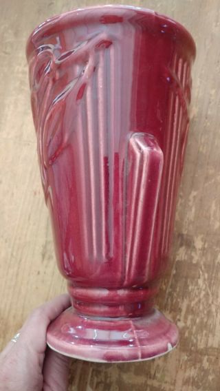 RARE Vintage McCoy Maroon Cranberry Floral Deco Vase W/ Glaze Defects No DAMAGE 2