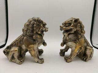 Pair Antique Chinese Silver Plated Brass Metal Foo Dog Lion Ornaments Figurine