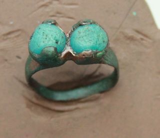 Ancient Byzantine Bronze Ring With Blue Glass Beads Rare D In.  =18mm 5g.