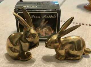 Vintage Rare Pair Small Brass Rabbits Long Ears Made In Korea 3.  25 In.