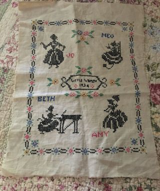 Antique Cross Stitch On Linen " Little Women " Characters Dated 1934 14 " X 18 "