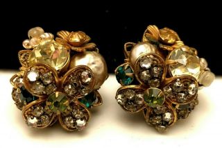 Rare Vintage 1 " Signed Miriam Haskell Faux Pearl Green Rhinestone Clip Earrings