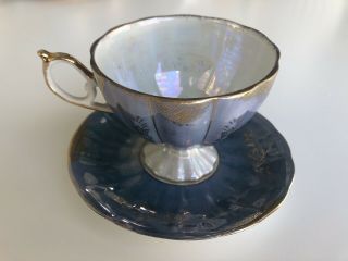 Vintage Teacup And Saucer - Iridescent Blue With Gold