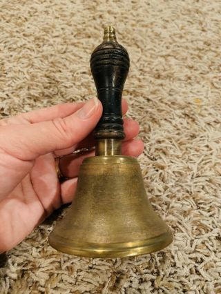 Antique Brass School Teacher Hand Bell,  Dinner Bell,  Town Crier,  Wood Handle