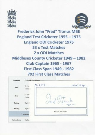 Fred Titmus England Test Cricketer 1955 - 1975 Rare Autograph Card
