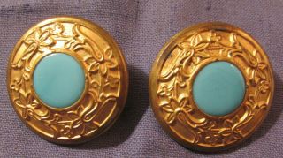 2 LARGE ANTIQUE VICTORIAN GLASS & BRASS BUTTONS 1880S 1890S 1 3/8 INCHES 2