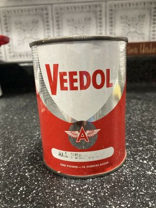 1/4 Full RARE Vintage VEEDOL Oils Greases 1 LB.  TideWater Oil Co Tin Can Flyin A 2