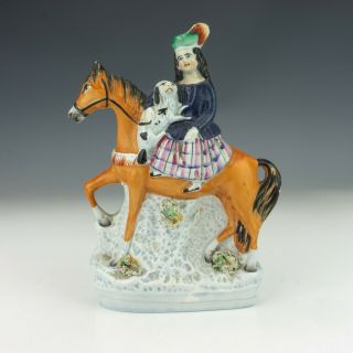 Antique Staffordshire Pottery - Lady With Dog On Horse - Unusual
