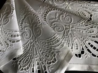 Stunning Antique Irish Linen Tablecloth Hand Embroidered Whitework/cutwork.