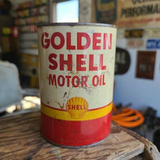 Rare Vintage Golden Shell Motor Oil Can Quart Qt Metal Tin Empty