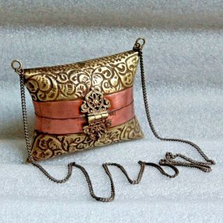 Old 1920s Antique Hand Carved Copper Brass Small Lady Hand Bag / Purse