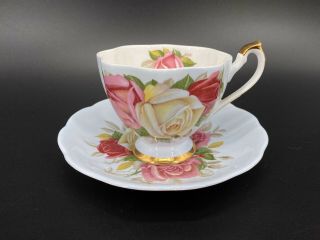 Queen Anne Lady Sylvia Blue Tea Cup Saucer Set Bone China England Rare