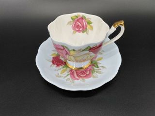Queen Anne Lady Sylvia Blue Tea Cup Saucer Set Bone China England Rare 2