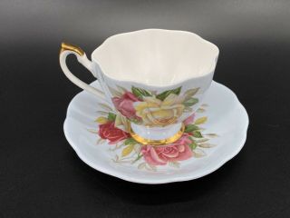 Queen Anne Lady Sylvia Blue Tea Cup Saucer Set Bone China England Rare 3