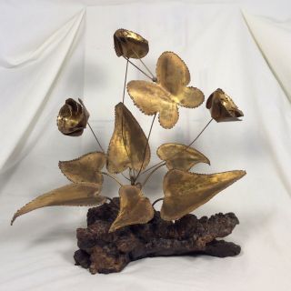 Mid Century Butterfly Flowers Brass On Burl Wood Brutalist Metal Art Sculpture