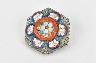 Antique Victorian Micro Mosaic Brooch Pin Sterling Silver Italy Hexagon Shape