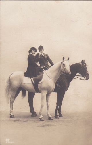 1910s Handsome Young Man & Woman Ride Horses Russian Antique Photo Card