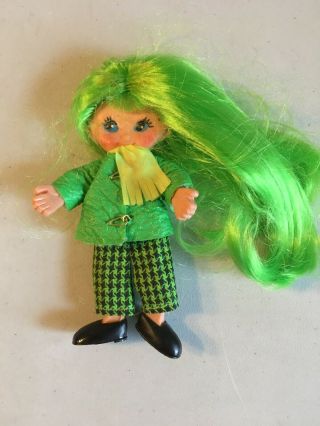 Vintage 1969 Ideal 5 " Flatsy Doll - - Rally Girl W/ Green Hair & Outfit