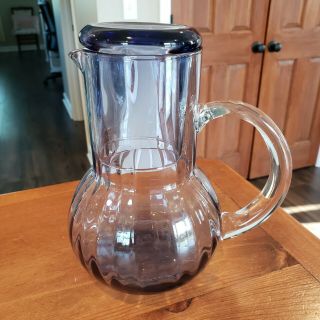 Unique And Rare Vintage Blue Glass Pitcher With Integrated Cup / Lid - Look