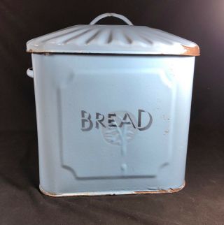 Vintage Bread Bin Tin Box Blue Biscuit Enamel Kitchen Ware Pantry Flour Antique