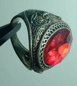 Ancient Ring Old Vintage - Antique Roman Color Silver Artifact S Red Rare Stone.