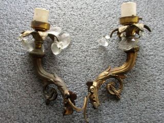 2 Vintage Cast Metal Wall Sconce Pole Lamp Arms W/ Sockets,  Prisms Gold Finish