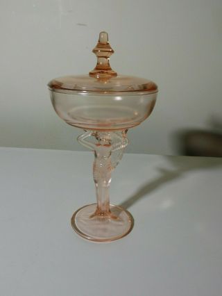 Antique Dermay Pink Glass Art Deco Nude Figurine Compote With Lid