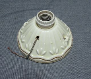 Vintage Ivory Porcelain Ceiling Light Fixture With Pull Chain Switch - Gold Trim