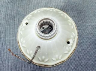 Vintage IVORY PORCELAIN CEILING LIGHT FIXTURE with Pull chain Switch - Gold Trim 2