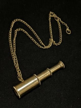 Antique Gold Tone Spy Glass Telescope Pendant Necklace Pirate Nautical Sailor