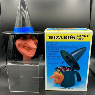 Vtg Halloween Wizard Candy Box Witch Animated Eyes And Laugh W/box Rare