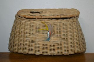 Old Fishing Creel Wicker Basket Trout Fly Leather Unaltered 12 " X 6 " X 9 "