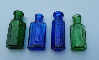 Tiny Antique Cobalt Blue Green Poison Bottle Apothecary Chemist Medicine X 4
