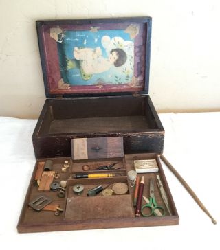 Vintage Antique Locking Wooden Sewing Box W/tray And Contents