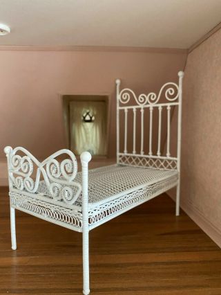 Vintage Miniature Dollhouse White Wicker Metal Adult Bed Frame Bedroom Decor