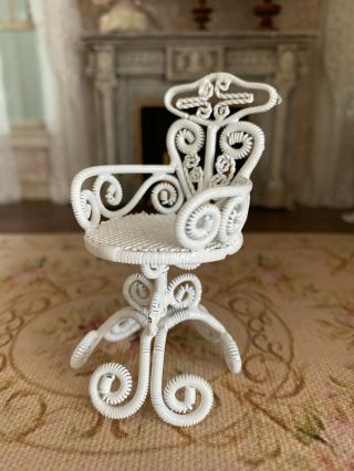 Vintage Miniature Dollhouse White Wicker Metal Scrolled Swivel Chair Elegant