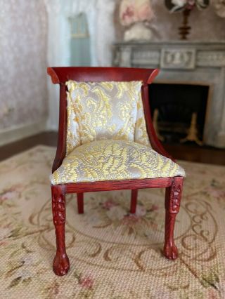 Vintage Miniature Dollhouse Artisan Carved Wood Silk Upholstered Chair Claw Feet