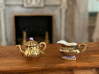 Vintage Miniature Dollhouse England Metal Tea Pot,  Creamer Purple Gold Porcelain