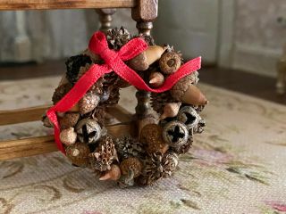 Vintage Miniature Dollhouse Artisan Holiday Christmas Wreath Of Dried Nuts Seeds